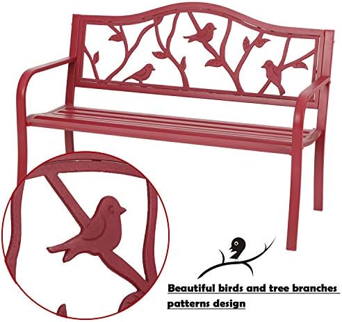 MFSTUDIO 50” Outdoor Garden Bench Cast Iron Metal Bird Pattern Backrest Red - Image 5