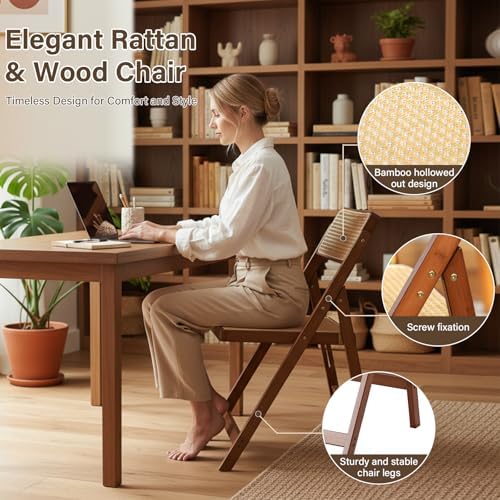 Furlide Rattan Folding Chairs Set of 2, Bamboo Dining Chairs - Image 3