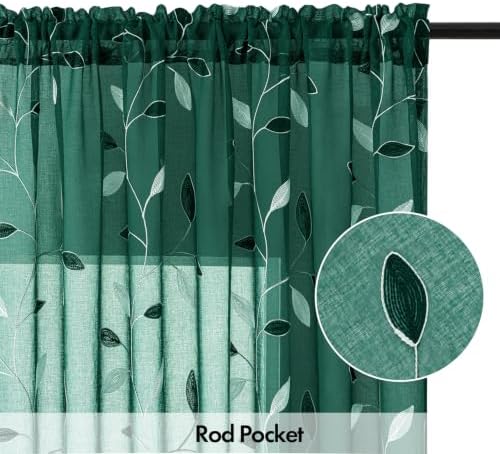 MIULEE Christmas Hunter Green Sheer Curtains Leaf Patterned, W52 x L63 - Image 6