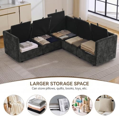 80" Dark Grey Modular Storage Sofa, V Shaped Chenille Cloud Couch - Image 3