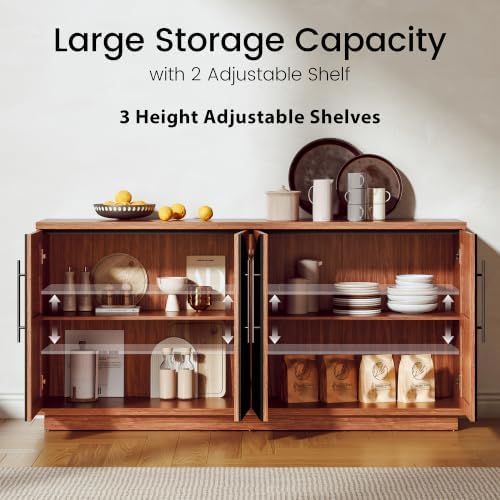 65" Buffet Cabinet with Storage, Fluted Sideboard Cabinet with 4 Arched Doors & - Image 4