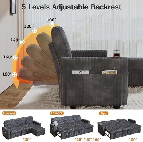 Sunny Heart 101" Plush Corduroy L Shaped Sectional Sleeper Sofa Bed - Image 3