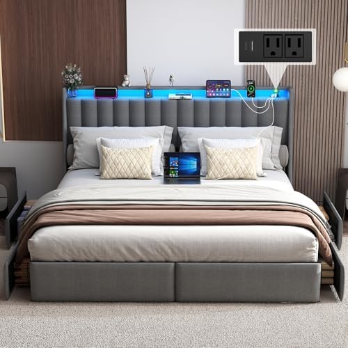 Queen Size Bed Frame with Upholstered Storage Headboard and 4 Drawers - Image 3