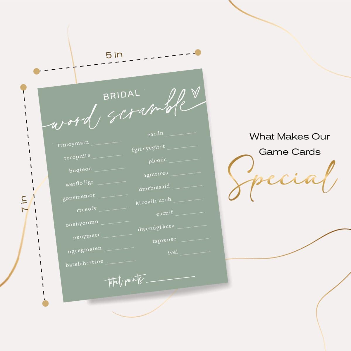 Bridal Shower Games Cards, Bridal Word Scramble, 25 Game Cards with 1 Answer Card, Engagement Party Wedding Games for Guests, Minimalist Green Wedding Party Supplies - C14