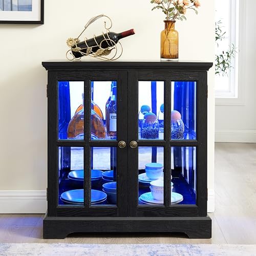Small Curio Cabinet with Glass Doors and LED Lights, 30.32” W Black Wood - Image 4