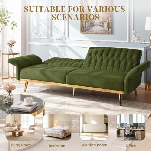 70” Velvet Futon Sofa Bed w/Adjustable Armrests, Olive Green - Image 6