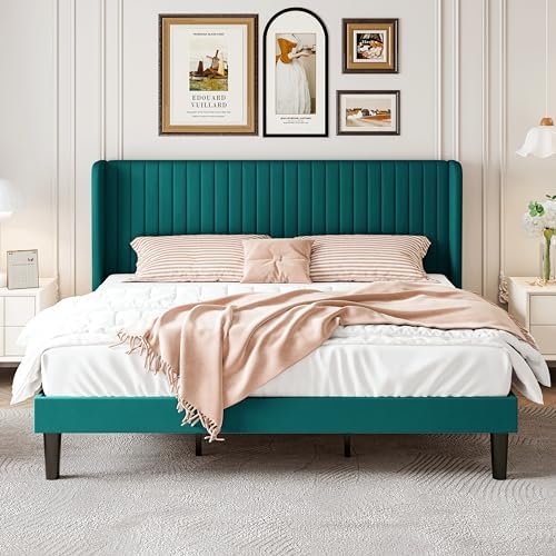 SHA CERLIN King Size Velvet Bed Frame, Tufted Wingback Headboard - Image 3