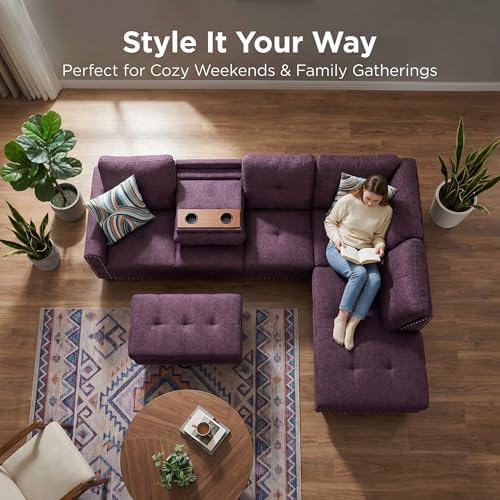 L-Shaped Couch Set, 97.5" L x 69.5" W Sectional Sofas Linen Purple - Image 5