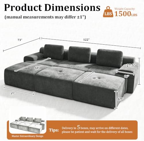 122" Oversized Boneless Couch, Comfort Cloud Sectional Couches - Image 2