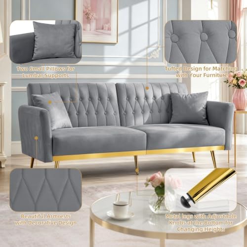 70” Velvet Futon Sofa Bed w/Adjustable Armrests - Image 4