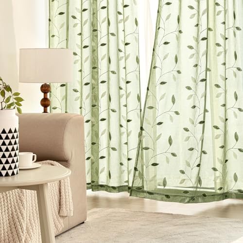 MIULEE Sage Green Sheer Curtains 2 Panels Leaf Patterned, W52 x L84 - Image 3