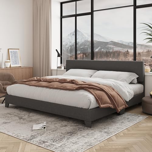 Allewie King Size Upholstered Bed Frame Adjustable Headboard, Dark Grey by Allewie