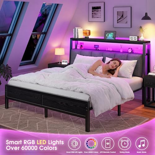 Homkdom Full Bed Frame, Upholstered Storage Headboard, Charging Station - Image 5