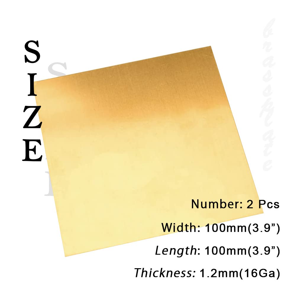 16 Gauge Brass Sheet，H62 Brass Plates Metal 0.047" Thickness x 3.9" Width x 3.9" Lenght, for Models, Crafts, Repairs, Electrical, 2Pcs