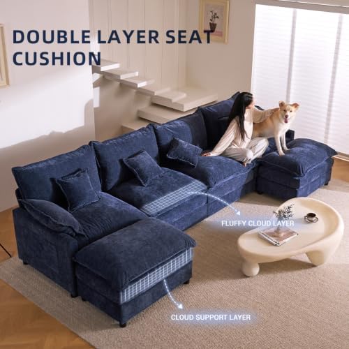 GOSUHI 142.5" U-Shaped Modular Cloud Couch, Deep Seat, Chenille Navy - Image 5