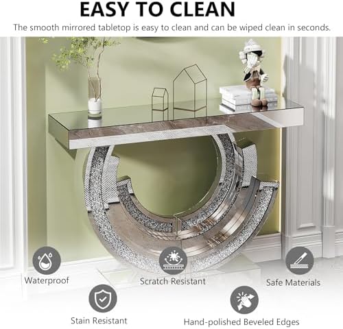 3C-Shaped Silver Mirrored Console Table and Round Wall Mirror Set, 2 Piece - Image 4