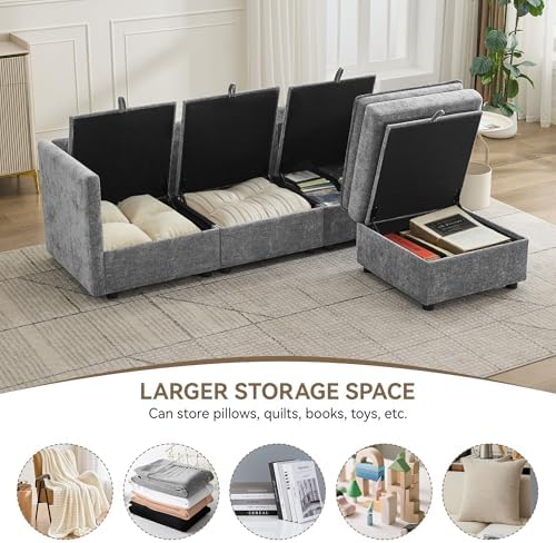80" LIGHT GREY Chenille Storage 3 Seater Sofa - Image 4