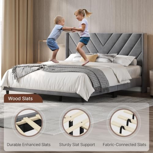 Yaheetech King Bed Frame with Chevron Channel-Tufted Headboard, Light Gray - Image 5
