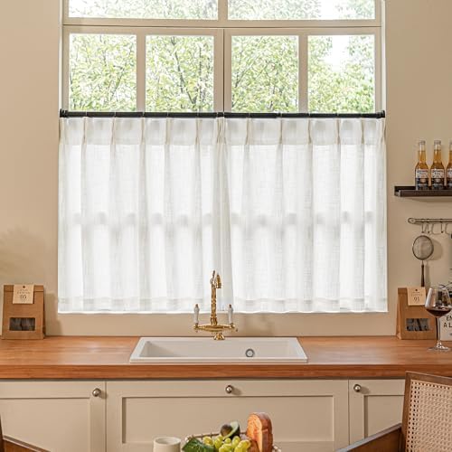 TWODRAPES Beige White Linen Pleated Curtains 30 Inch Length Light Filtering by TWODRAPES