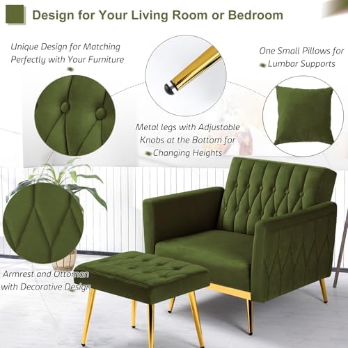 Velvet Accent Chair w/Ottoman & Adjustable Backrest, Olive Green - Image 4