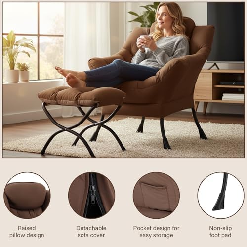 Welnow Lazy Chair with Ottoman, Reading Chair with Footrest, Dark Brown - Image 4