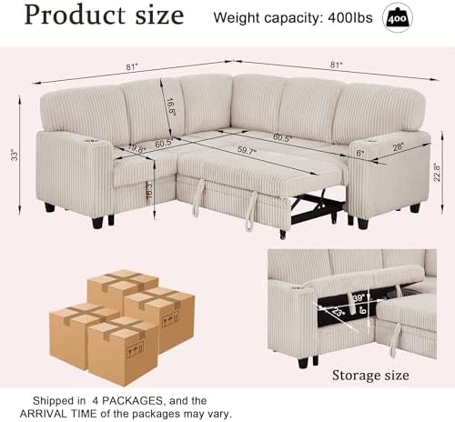 L-Shaped Sectional Couch with Storage and Pull Out Bed, Convertible Sofa Bed - Image 2
