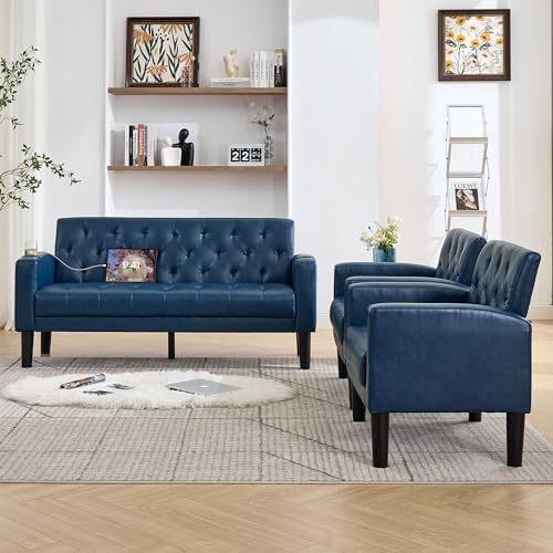 62'' Blue Leather Loveseat Sofa Set - Image 4