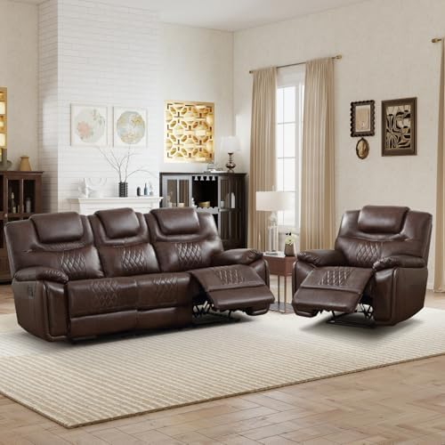 ANJ 2-Piece Manual Reclining Sofa Set, Premium Genuine Leather Reclining Couch by ANJ