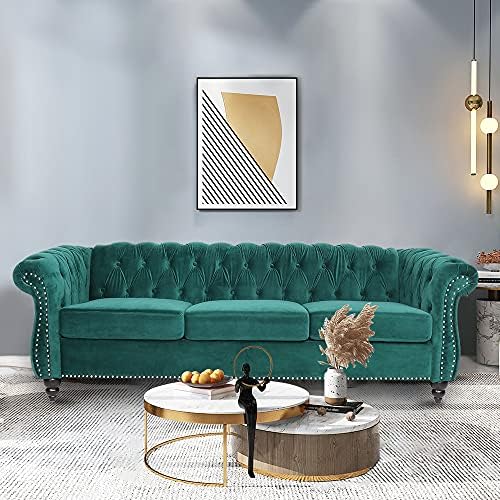 LEVNARY Three-Seat Velvet Sofa, Large Sofa Classic Tufted Chesterfield Settee by LEVNARY