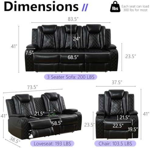 Power Reclining Sofa Set, Living Room Furniture Sets, Leather Power Recliner - Image 2