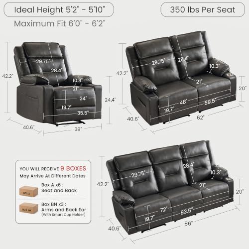 3-Piece Living Room Recliner Sofa Set, Loveseat & 3-Seater Couch - Image 2