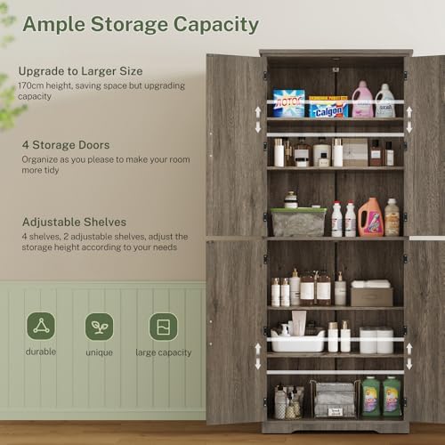 Tall Pantry Cabinet with 4 Doors & 2 Adjustable Shelves, Kitchen Cabinet - Image 4