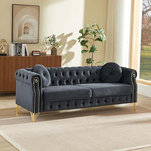 82" 3-Seater Black Velvet Chesterfield Sofa by Unknown