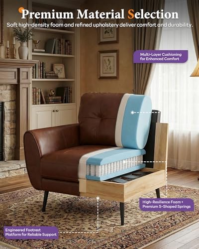Brown Leather Accent Chair, Tufted Reading Arm Chair - Image 6