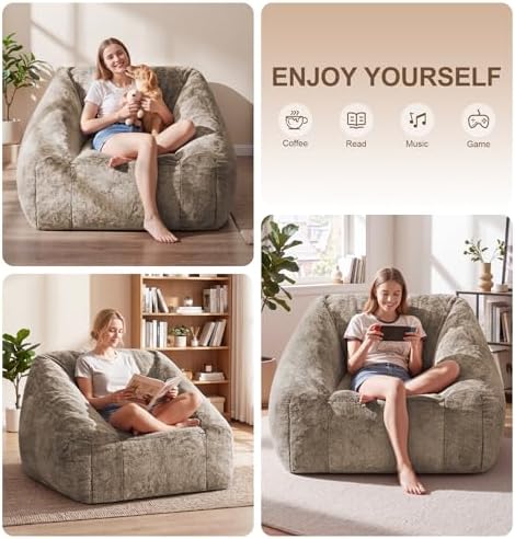 Hobestluk Bean Bag Chair Plush Accent Chair Armrest Living Room Adult Brown - Image 5