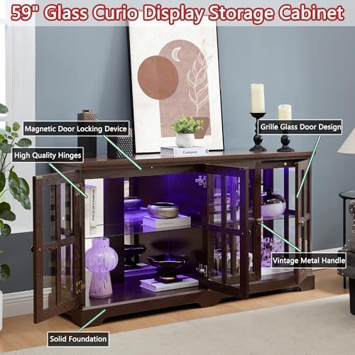 59" Glass Curio Display Storage Cabinet, 4 Doors LED Light Multipurpose - Image 4