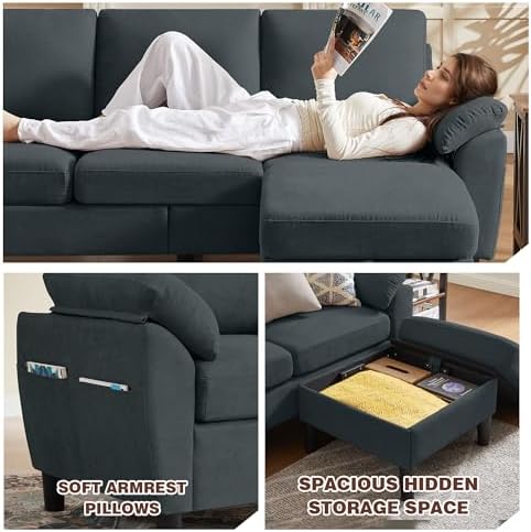 Convertible Sectional Sofa Set, Linen Upholstered 3 Seat Sofa - Image 3