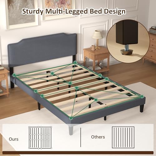 Queen Size Bed Frame with Upholstered Headboard, Platform Bed with Soft Linen - Image 6