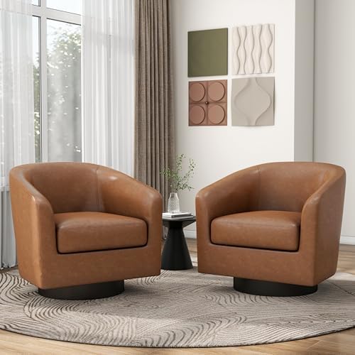 Pia Ricco Set of 4 Faux Leather 360° Swivel Barrel Accent Chair Brown - Image 3