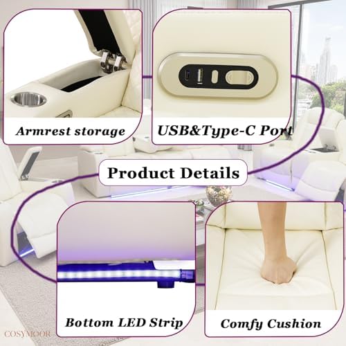 Power Reclining Sofa Set with LED Light, Power Recliner Leather Sectional Sofa - Image 4