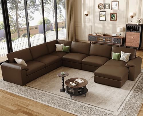 EASE MOOSE Faux Leather Couch, U Shaped Modular Sectional Sofa, Deep Brown by EASEMOOSE
