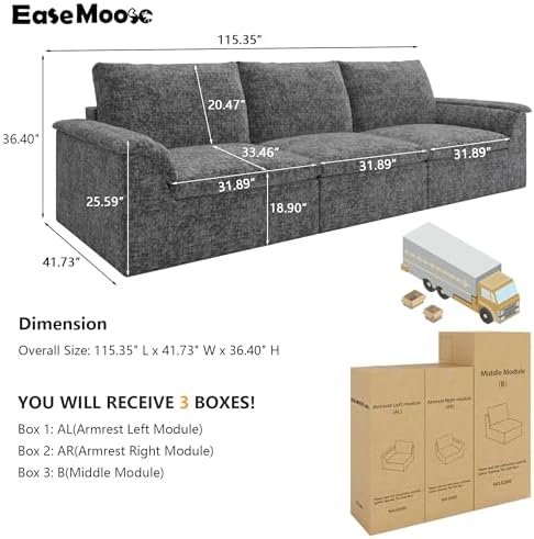 EASE MOOSE 115" 3 Seater Sectional Sofa, Boneless Couches - Image 2