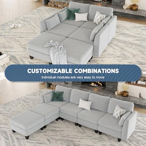 Modular Sectional Sofa, 6 Seat Modular Sleeper Sofa Couch, Light Grey - Image 4