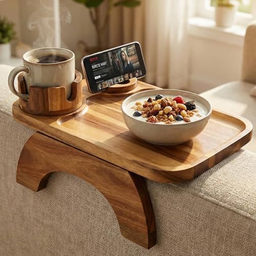 Couch Armrest Table, Acacia Wood Sofa Arm Tray by Vellabliss