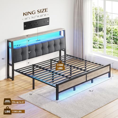 Homkdom King Bed Frame with Upholstered Headboard & Charging Station - Image 2