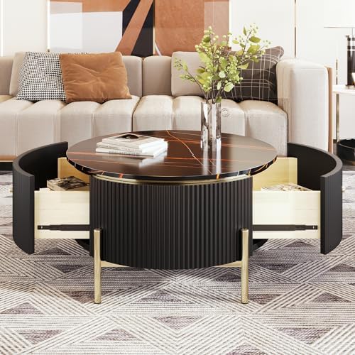 31.5" Coffee Table with 2 Storage Drawers, Round Side Table, Circle Accent - Image 5