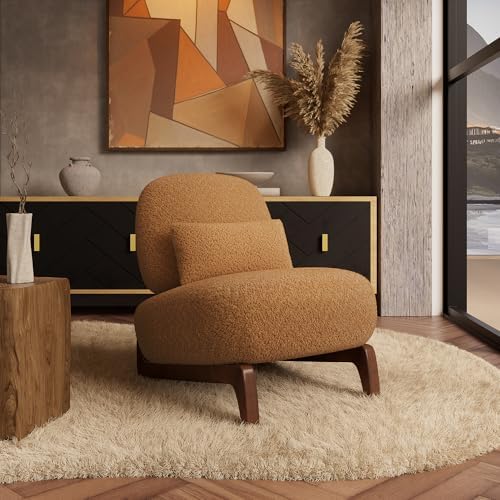 Morden Fort Boucle Chair, Upholstered Accent Chair&Wood Leg, Toffee Orange by MordenFortFurniture
