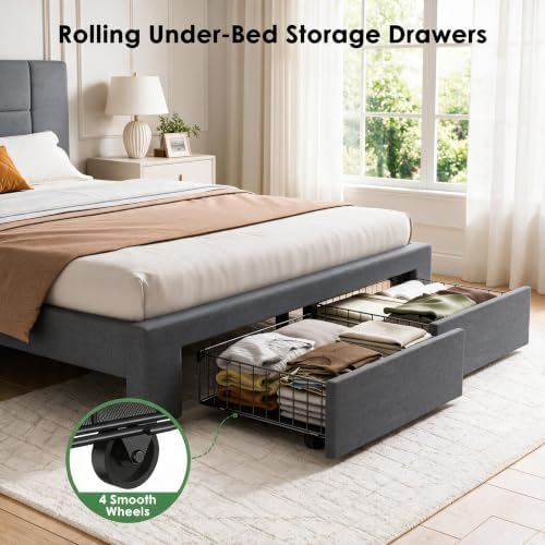 Marsail Queen Bed Frame with 2 Storage Drawers & Upholstered Adjustable - Image 4