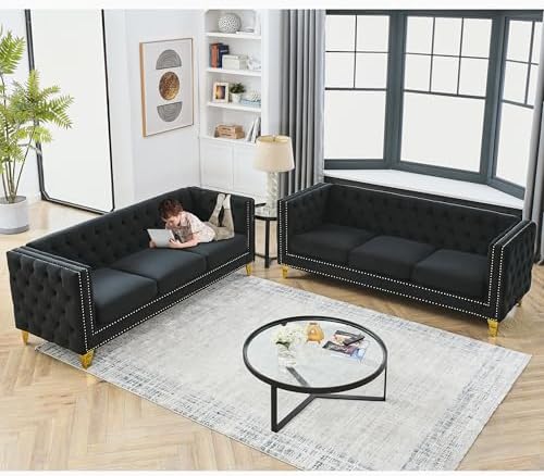 80.5" 2 Piece 3-Seater Velvet Chesterfield Sofa - Image 7
