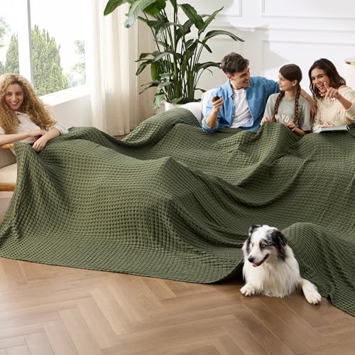 Bedsure Cooling Waffle Blanket for Hot Sleeper, Olive Green, Oversized King by BEDSURE